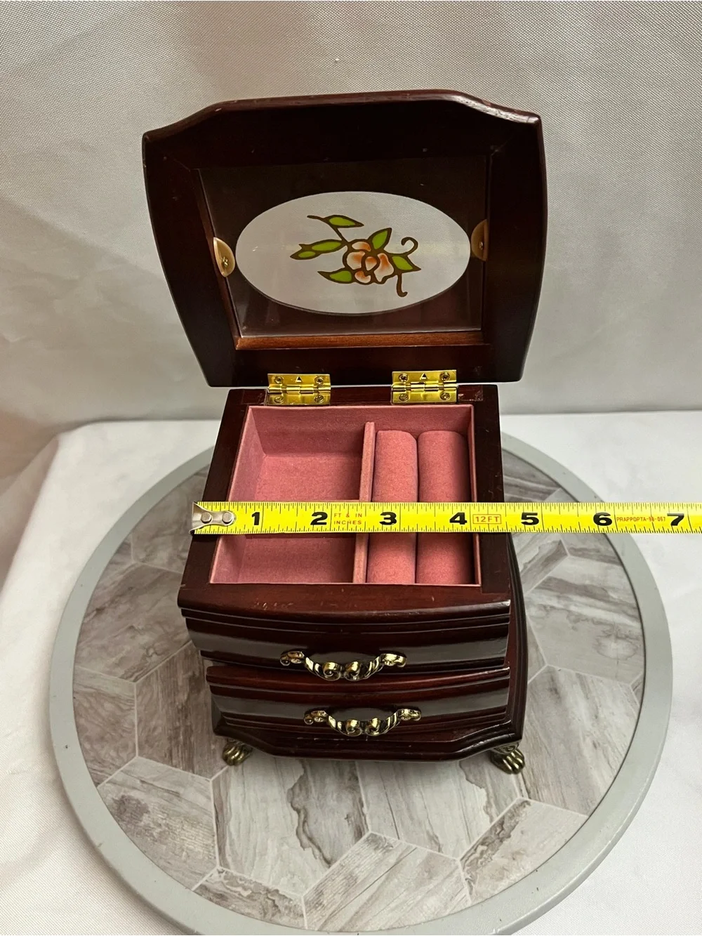 Vintage Style Wooden Jewelry Box 2 Drawer Floral Glass Top Brass Tone Feet